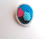 Colorful geometric brooch embroidered bright blue violet with gray and light blue beads Spring fashion