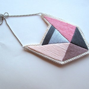 Colorblock embroidered pendant necklace with geometric design light pinks and grays with silver ball chain image 2