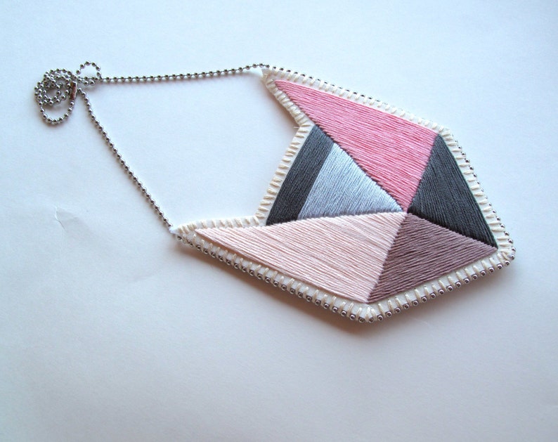 Colorblock embroidered pendant necklace with geometric design light pinks and grays with silver ball chain image 2