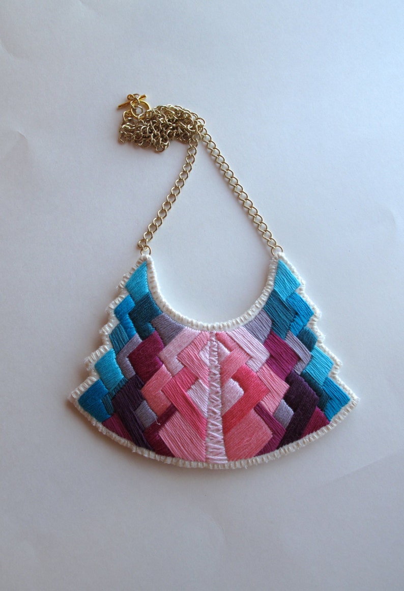 Statement pendant necklace geometric tribal art deco hand embroidered in beautiful pinks and blues modern jewelry MADE TO ORDER image 4