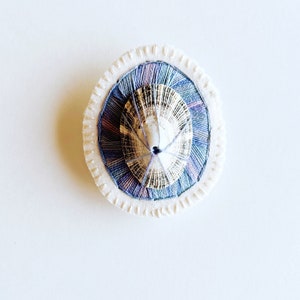 Hand embroidered brooch abstract design using dark lavender variegated threads limpet shell An Astrid Endeavor contemporary fiber jewelry image 1