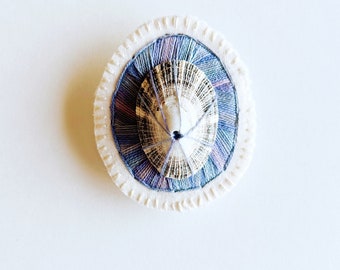 Hand embroidered brooch abstract design using dark lavender variegated threads limpet shell An Astrid Endeavor contemporary fiber jewelry