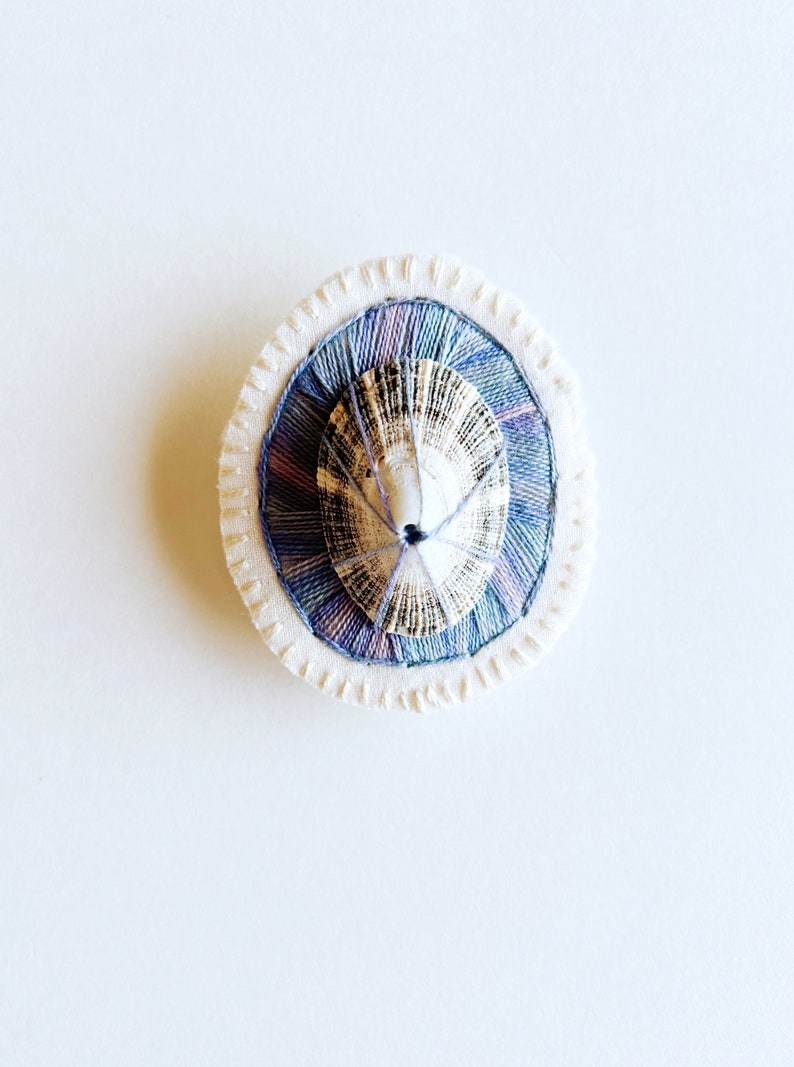 Hand embroidered brooch abstract design using dark lavender variegated threads limpet shell An Astrid Endeavor contemporary fiber jewelry image 1