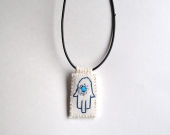 Hamsa embroidered charm necklace good luck evil eye talisman Hand of Fatima Hand of Mary Hand of Miriam amulet An Astrid Endeavor