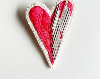 Red heart brooch hand embroidered with silver long bugle beads disco Valentines day An Astrid Endeavor gift guide statement jewelry