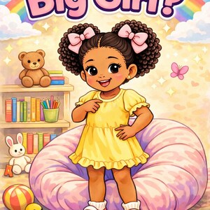 May include: A children's coloring book cover with the text "Are You a Big Girl?" above a cartoon illustration of a young girl in a yellow dress. The girl stands in front of a beanbag chair, with a bookshelf, toys, and a rainbow in the background. The words "Coloring Book" are at the bottom.