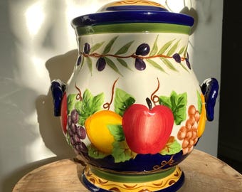 Vintage Ceramic Biscotti Style Italian Jar | Tuscan Hand Painted Fruits Canister Jar Double Handled With Lid | Kitchen Storage |