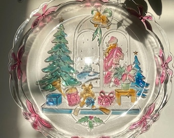 Plato decorativo navideño vintage de colección / Bandeja de servir de vidrio pintada a mano con decoración en relieve / Alegría navideña / Cocina navideña retro