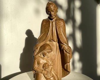 Escultura de madera de la Sagrada Familia tallada a mano de estilo vintage / Estatua rústica de la Natividad / Decoración religiosa cristiana / María, José y el Niño Jesús /