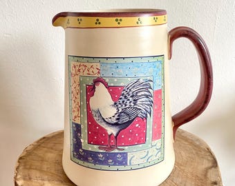 Jarra grande vintage con diseño de gallo, estilo rústico, para decoración de cocina campestre / Jarrón decorativo con estampado de patchwork y colcha, estilo cottagecore.