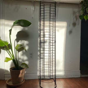 Peut inclure: Un grand présentoir de rangement en métal noir pour CD ou DVD. Le présentoir est rectangulaire avec un sommet arrondi et un design en grille. Il repose sur une base incurvée. Une plante en pot avec de grandes feuilles vertes se trouve à gauche.