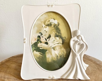 Marco de fotos de cerámica vintage romántico / Marco de fotos ovalado para boda de novios / Decoración shabby chic coqueta / Retrato de estilo victoriano /
