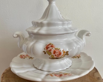 Vintage Ceramic Soup Tureen with Lid & Underplate | Floral Serving Bowl | Farmhouse Serveware - Shabby Chic - Cottagecore - Country Kitchen