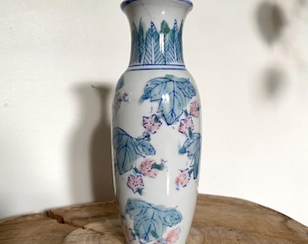 Jarrón de cerámica floral chino vintage azul y rosa / Decoración para el hogar estilo chinoiserie / Jarrón de jengibre / Jarrón hecho en China /