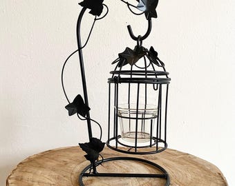 Candelabro vintage suspendido con forma de jaula de pájaros, hojas de hiedra y enredaderas / Farol colgante de metal negro / Soporte para velas votivas de té /