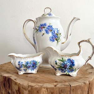 Puede incluir: Un juego de té de porcelana blanca con diseños florales azules y ribetes dorados. El juego incluye una tetera, una jarra para la crema y un azucarero. La tetera tiene un pico curvo y una tapa con asa dorada.