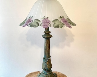 Antique Art Nouveau Grape Lamp – French 1920s Table Lamp with Hand Painted Opaline Shade, Spelter Base Original Green | Tiffany Style Lamp