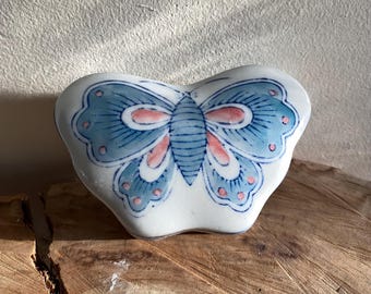 Vintage Floral Moth Trinket Box Porcelain Jewelry Box | Butterfly Chinese Trinket Box Chinoiserie |