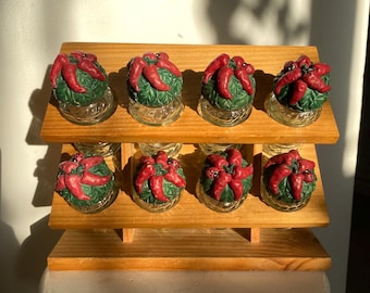 Estante para especias de madera vintage RARO, tarros de especias con tapas de resina, pimientos picantes, mariquita / despensa retro / organización de cocina / cocina estilo cottagecore /