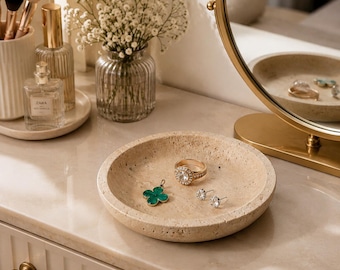 Natural Marble Jewelry Dish 5.5" Round Trinket Tray for Rings, Earrings, Keys, Vanity & Desk Organizer, Countertop Decor