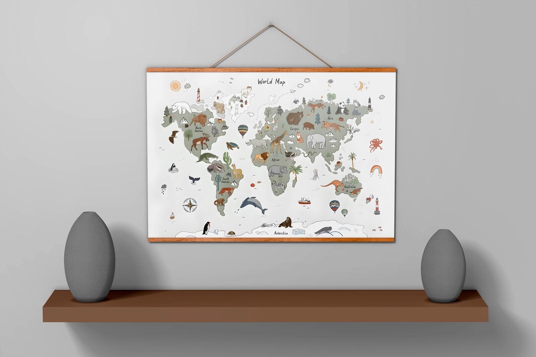 Kids Animal World Map Canvas Wall Art – Nursery Decor Educational ...