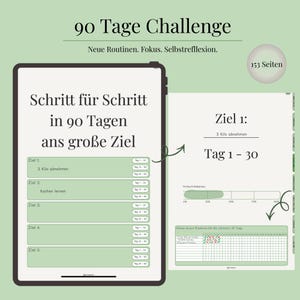 Könnte beinhalten: Digitaler Planer mit dem Titel "90 Tage Challenge". Er enthält Abschnitte zur Zielsetzung, Fortschrittsverfolgung und täglichen Routinen. Die Seiten sind hellgrün und weiß mit schwarzem Text. Der Planer hat 153 Seiten.