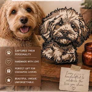 May include: An image featuring a Cockapoo dog and a wooden art piece of a Cockapoo. The text reads "More Than Art. It's Your Cockapoo." Additional text includes "HANDMADE. PERSONAL. MADE TO MELT HEARTS." and "Every piece is handcrafted to celebrate the love you share."