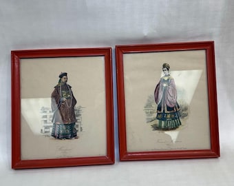 Pair Of Vintage Hand Colored Oriental Mandarin Prints, Chinese Gentleman N Lady.