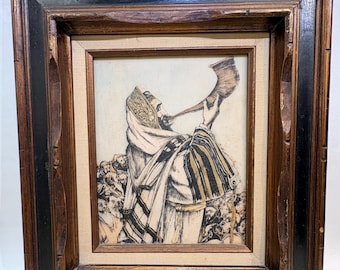 Painting of Rabbi Blowing Shofar with Congregants In Israel Art Print On Canvas