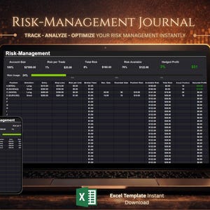 Pode incluir: Um laptop e um smartphone exibem um diário de gerenciamento de risco com dados financeiros. A tela do laptop mostra uma planilha detalhada com várias métricas financeiras. O smartphone espelha os dados. O texto na parte superior diz "RISK-MANAGEMENT JOURNAL".