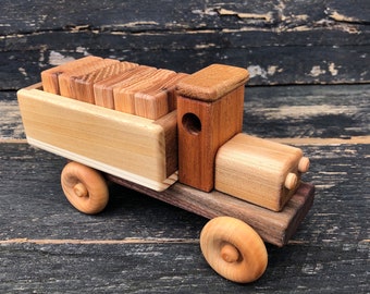 Handmade Wooden Toy Cargo Truck w/Plain Blocks