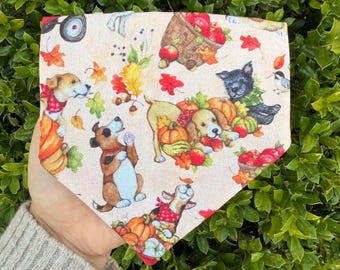 Fall Harvest Dog Bandana: Plaid Puppies, Pumpkins, Autumn Leaves (Scrunchie Style)