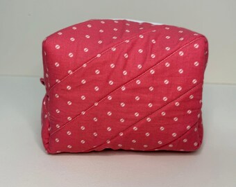 Handmade Pink Polka Dot Toiletry Bag: Cotton Fabric, Zipper Closure