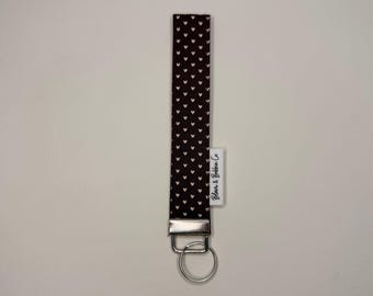 Handmade Cotton Wristlet with Heart Print, Metal Ring (5" H x 1" W)