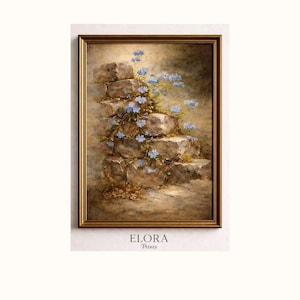 Vintage Oil Painting Blue Flowers Wall Art, Classical Floral Artwork, Antique Style Frame Print, Romantic Rustic Decor