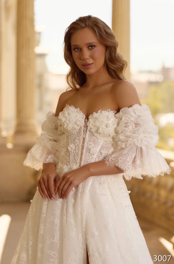 puffy wedding dresses Luxury Champagne Lace Off Shoulders Poofy Ball Gown for Wedding Dress 20082203 Designed for the modern bride who loves a blend of classic and contemporary elements Puffy Wedding Dresses - Plus