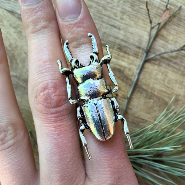Vintage style stag beetle insect ring in silver color