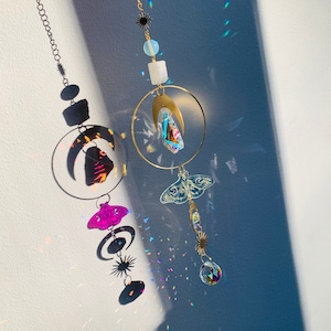 Ranbow Color Suncatcher, Crystal Moth Butterfly Moon Lightcatcher, Brass Pendants, Unique Gift For Her, Interior Decor, Gemstone Quartz Opal