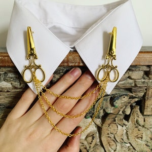 Victorian Scissors Collar Brooch with Chains, Gold Color Lapel Pin