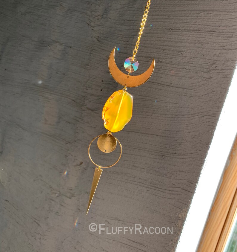 Handmade Suncatcher Window Decor Sun Catching Ornament, Window Hanging Home Office, Good Wibes Energy Gemstone, Golden Moon Yellow Agate image 6