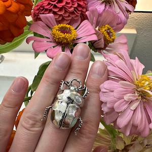 Puede incluir: Un anillo plateado con forma de escarabajo, con un acabado metálico pulido y patas detalladas, colocado en un dedo sobre un fondo de flores de zinnia de colores naranja, rosa y rosa claro con centros amarillos.