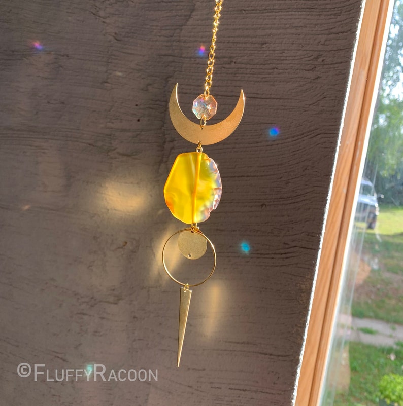 Handmade Suncatcher Window Decor Sun Catching Ornament, Window Hanging Home Office, Good Wibes Energy Gemstone, Golden Moon Yellow Agate image 9