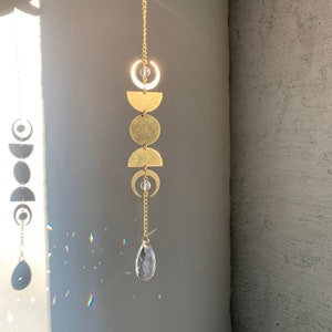 Suncatcher Window Decor Sun Catching Ornament, Window Hanging Home Office, Good Wibes Energy Gemstone, Golden Sun Bee Prism Brass Moon Phase