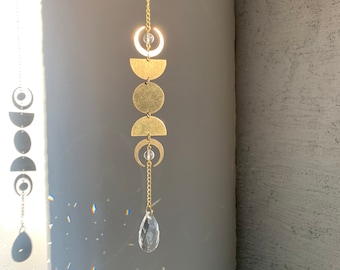 Suncatcher Window Decor Sun Catching Ornament, Window Hanging Home Office, Good Wibes Energy Gemstone, Golden Sun Bee Prism Brass Moon Phase