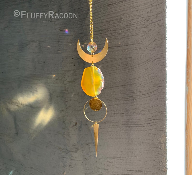 Handmade Suncatcher Window Decor Sun Catching Ornament, Window Hanging Home Office, Good Wibes Energy Gemstone, Golden Moon Yellow Agate image 7