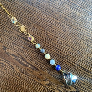 Suncatcher Window Decor Sun Catching Ornament, Window Hanging Home Office, Good Wibes Energy Gemstone, Golden Sun Blue Natural Gemstones