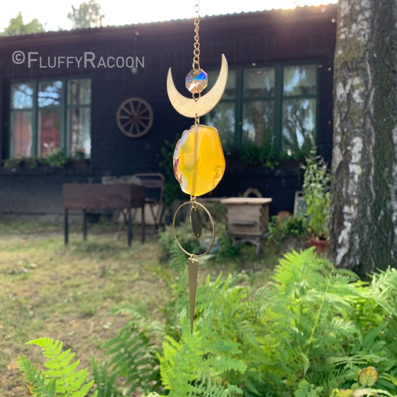 Handmade Suncatcher Window Decor Sun Catching Ornament, Window Hanging Home Office, Good Wibes Energy Gemstone, Golden Moon Yellow Agate image 4