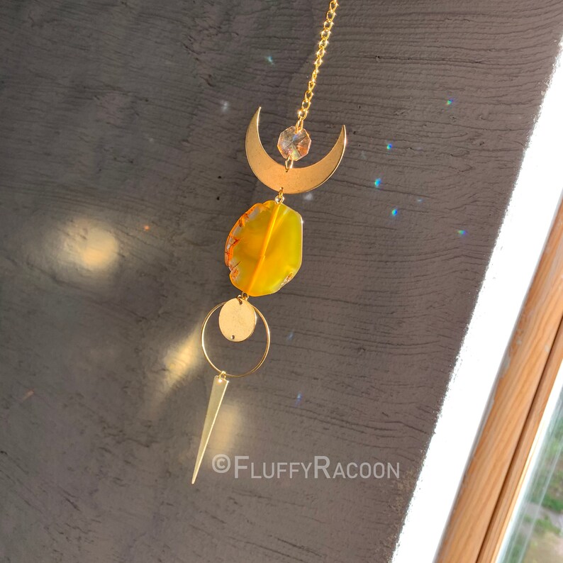 Handmade Suncatcher Window Decor Sun Catching Ornament, Window Hanging Home Office, Good Wibes Energy Gemstone, Golden Moon Yellow Agate image 1