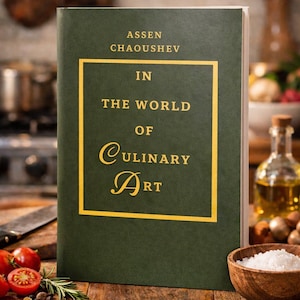 Könnte beinhalten: Ein Kochbuch mit dem Titel "In The World of Culinary Art" von Assen Chaoushev. Das Buch hat einen dunkelgrünen Einband mit goldener Schrift und einem goldenen Rahmen. Das Buch liegt auf einer Holzoberfläche mit Zutaten wie Tomaten, Salz und Öl im Hintergrund.