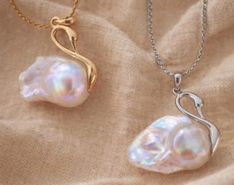 Gold Swan Necklace, Baroque cultured freshwater pearl Pendant, 18K Plated Stainless Steel